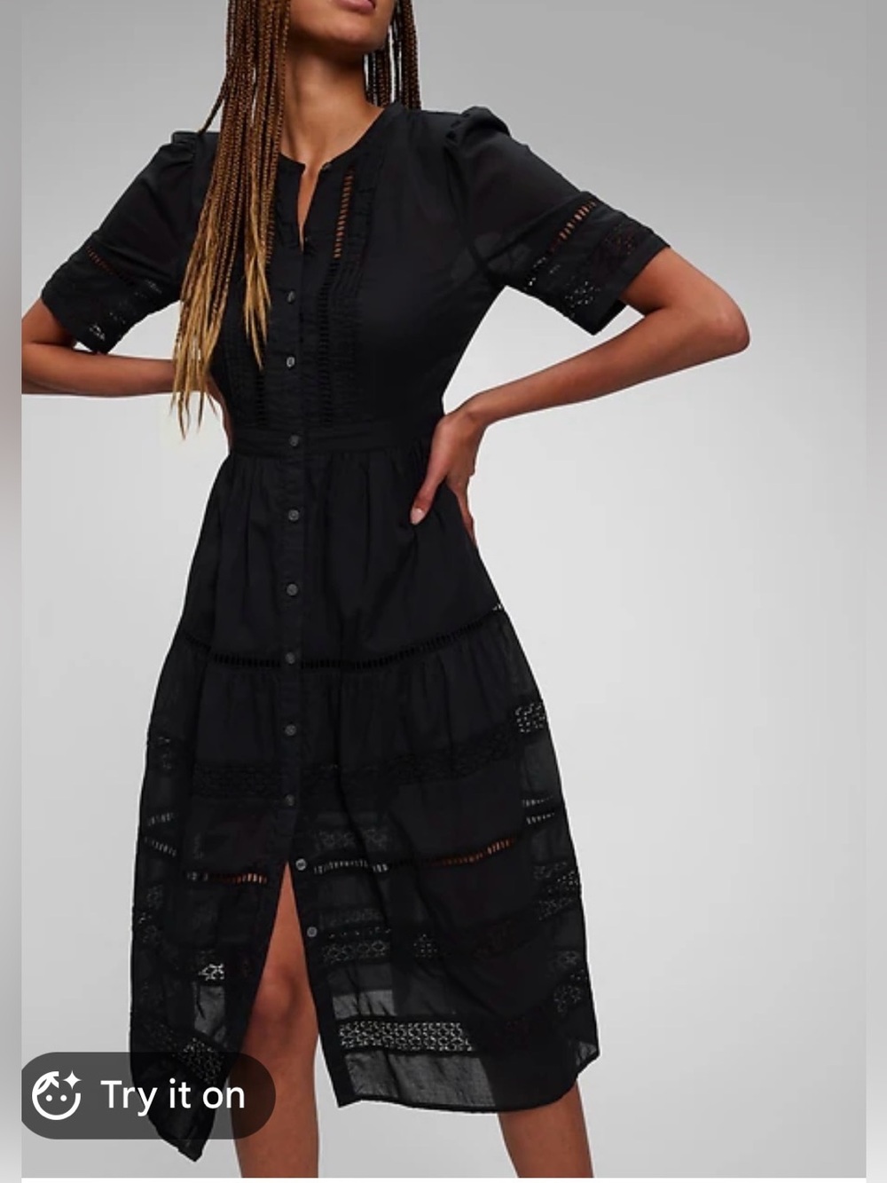 GAP Black Button-Front Eyelet Midi Dress with snap in black slip